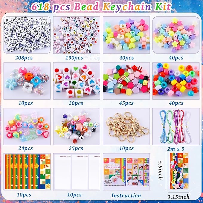 TOHONGADON 618 Pcs Bead Keychain Kit, Colorful Bag Charm Kit with Adjustable Alphabet Beads, Charm Keychain Kits for DIY Key Ring Jewelry Making