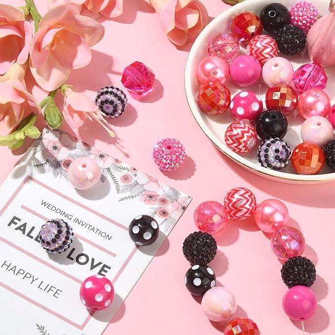 Ipotkitt 50 Pcs 19~20mm Acrylic Beads Sets Colorful Resin Bubblegum Round Spacer Beads Large Chunky Plastic Beads for Valentine's Day DIY Jewelry Decor