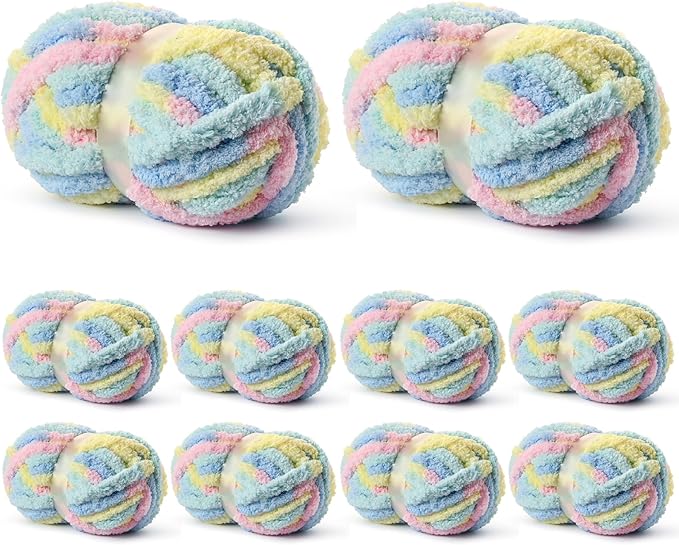 10 Pack Jumbo Chunky Yarn for Hand Knitting, Fluffy Variegated Chunky Chenille Yarn for Crocheting, 240yds/70.5oz Super Bulky Soft Crochet Baby Blanket Yarn(Candyfloss)