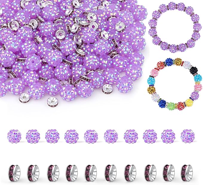 LAIDANLA 250pcs 12mm Purple Rhinestone Beads and 8mm Rondelle Spacer Beads for Beaded Pens, Sparkly Shamballa Disco Ball Bead for Bracelets Necklaces Earring DIY Craft