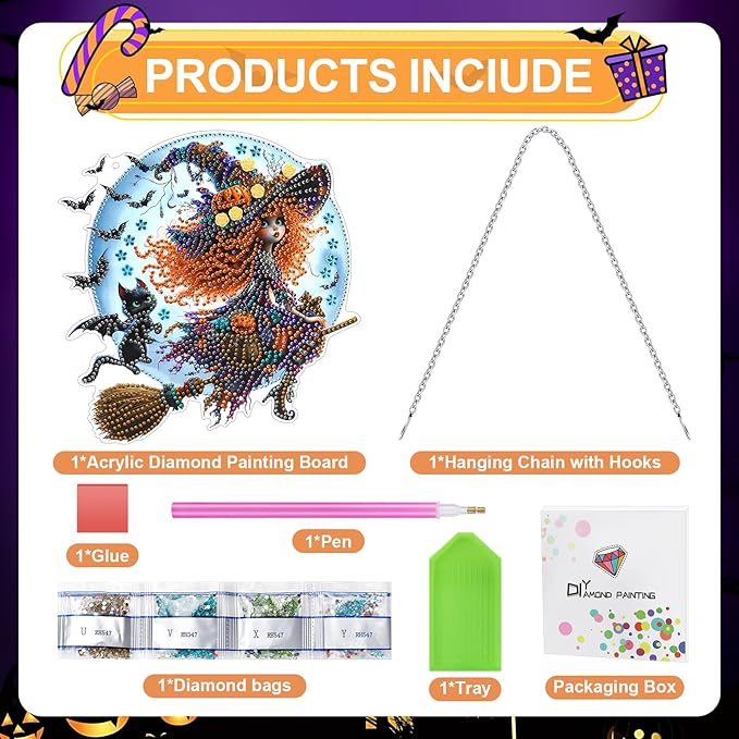 MUNORIAY Diamond Art Hanging Kit for Adult,Special Shaped Rhinestone,5D DIY Acrylic Double Sided Diamond Art Painting Window Pendants,Home Garden Wall Decor Hanging Ornament (Halloween Witch)