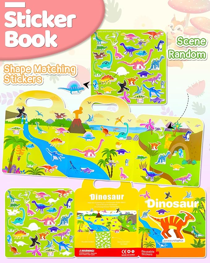benresive reusable sticker books for kids, sticker books for toddlers, toddler travel toys activities crafts ages 3 and up birthday gifts - dinosaur