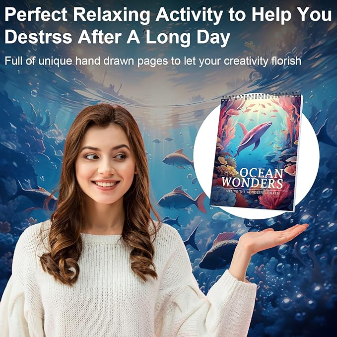 Ocean Coloring Book for Adult Spiral Bound, Adult Coloring Books for Women Relaxation, 30 Pages Thick Paper One Sided Design, Mindfulness Coloring Book, Anxiety Relief Mindfulness Gifts