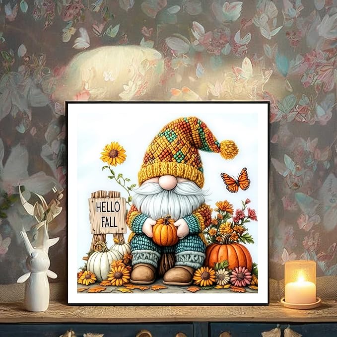 DIYDECORFUN Gnome Diamond Art Kits for Adults, Hello Fall Diamond Painting Kit for Beginners,DIY 5D Full Round Drills Autumn Pumpkin Diamond Dot Gem Art Crafts for Home Wall Decor 14x14IN