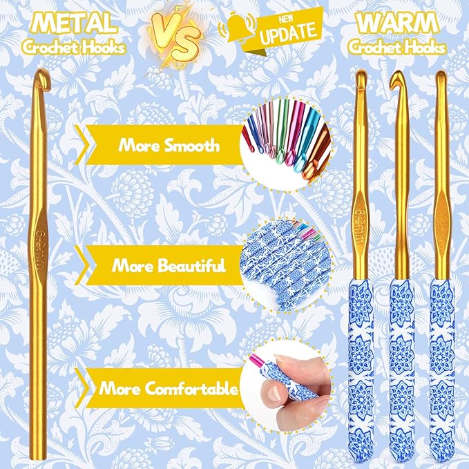 Coopay Warm Crochet Hooks Comfort Grip, Light Blue & White Porcelain Art Handle Crochet Set for Beginners, Longer Aluminum Shaft Crochet Hook Set 2.0mm-6.0mm, Smooth Crochet Needles Set for Crochet