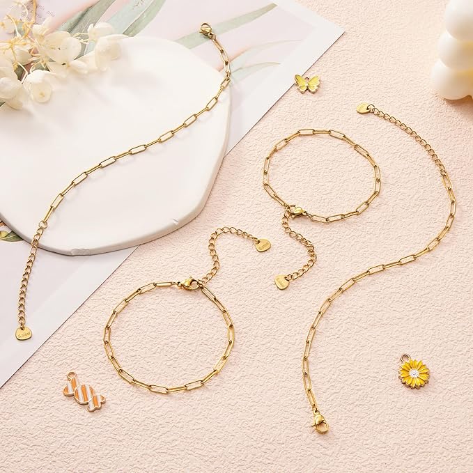 KYUNHOO 10 PCS 6.3 Inches Stainless Steel Paperclip Bracelet Chains Bulk Gold Plated 3MM Wide Paper Clip Chain for Jewelry Making with Extender