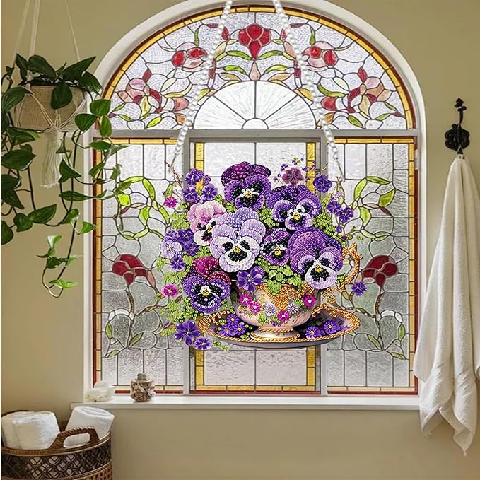 AIBOERL Diamond Art Hanging Kit for Adult,Special Shaped Rhinestone,Double Sided 5D DIY Acrylic Diamond Art Painting Wall Hanging Kits Hanging Ornament 7.87×7.87(Pansy)