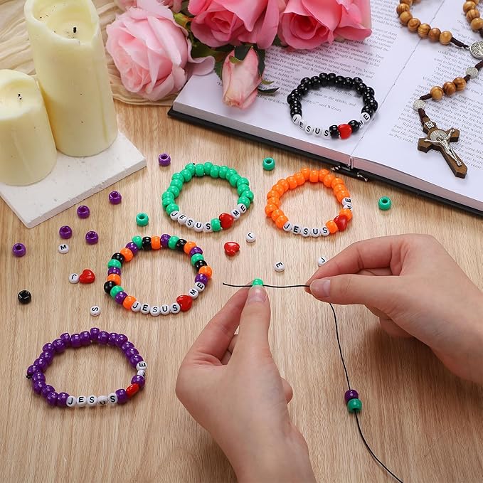 Ferreve 35 Sets Halloween Religious Bead Wristband Craft Kit Jesus Love Me Faith DIY Bead Craft Kit Love Letter Charms for Vbs Week Christian Bible Verse Gifts Making