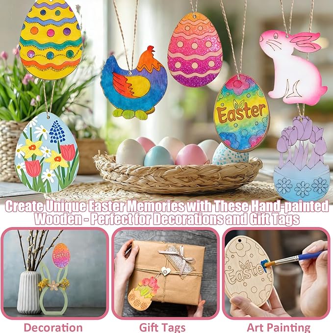 KITRDOOR Easter Wooden Painting Craft Kit, 40Pcs Unfinished Easter Wooden Ornaments, DIY Wood Cutouts Egg Bunny Chick Tulip Ornaments Craft Kits for Adults Spring Party Hanging Decorations