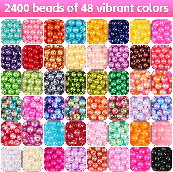 2400PCS Pearl Beads for Jewelry Making 48 Colorful 6mm Round Pearl Beads for Bracelets Making Kit Small Pearl Filler Beads for DIY Craft Necklace Earrings