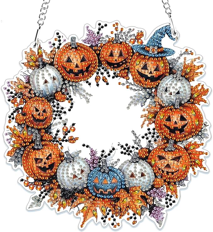 MOGTAA Fall Pumpkin Diamond Art Hanging Pendant Kits, Halloween Diamond Art Suncatchers for Adults, 5D Special Shape Diamond Painting Wreath Gem Art for Home Wall Decor