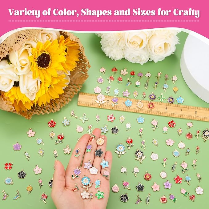 Mckanti 150Pcs 75 Pairs Spring Flower Charms for Jewelry Making and Bracelets, Wholesale Floral Assorted Enamel Mixed Bulk Metal Charms for DIY Necklace Bracelet Earring Jewelry Making and Crafting