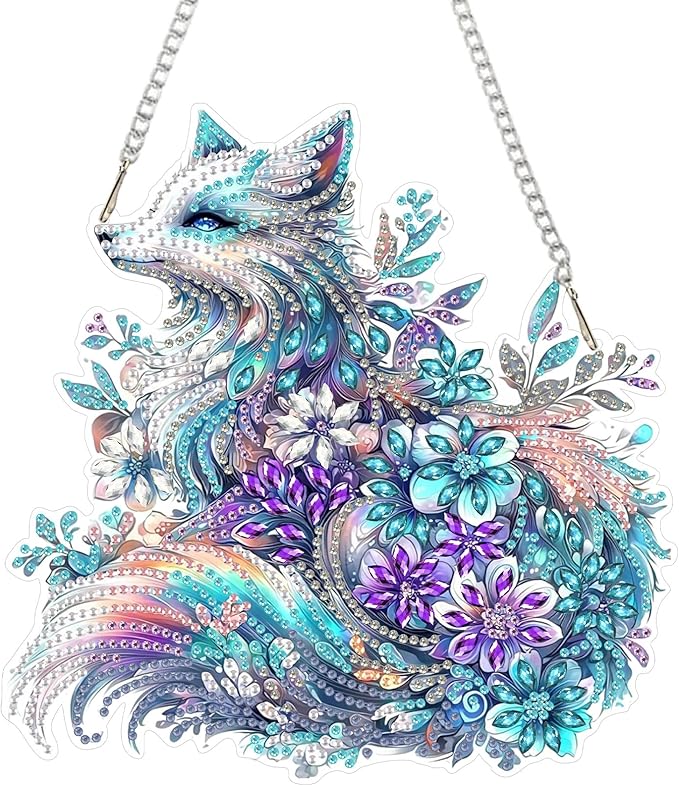 SENQAO Fox Hanging Diamond Art Painting Kits for Adults Beginners, 5D Special Shape Diamond Art Kits, Fox Flower Crystal Rhinestones Diamond Gem Art Painting for Home Garden Wall Decor