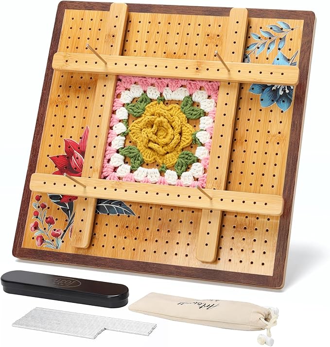 ULOI 13" Crochet Blocking Board - Upgraded Style with 4 Tension Rods and 20 Pegs – Blocking Boards for Crochet Projects, Ideal for Granny Square Card Deck Users (Crimson)