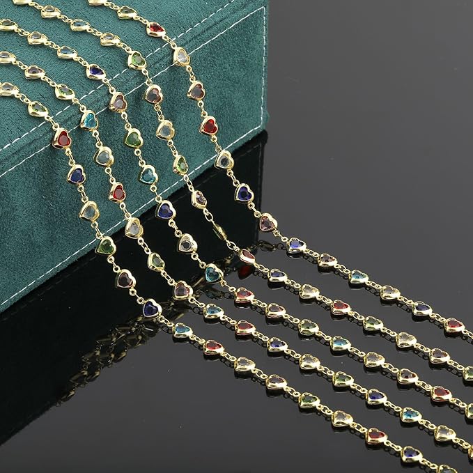 UMAOKANG 3 Meters Colorful Glass Bead Chain for Jewelry Making 18K Gold Plated Brass Chains Bulk Heart Chain for Women Necklace DIY Jewelry Making Chain