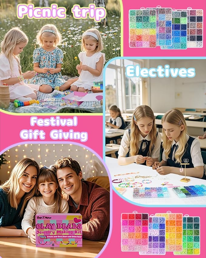 BestNow Clay Beads Bracelet Making Kit 192 Colors Flat Polymer Heishi Beads Set for Friendship Jewelry Making with Pendant Charms Crafts Gifts for Girls Ages 6 7 8 9 10 11 12 Kids Adults
