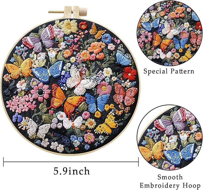 LB 4 Pack Colorful Floral Embroidery Kit for Beginners Nature Butterfly Beginner Embroidery Kit for Adults DIY Starter Kit with Embroidery Hoop Colorful Threads Tools Step by Step Instructions
