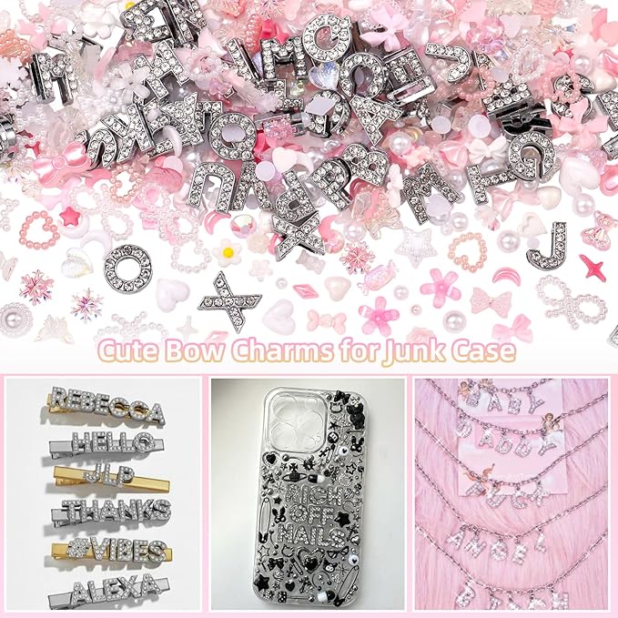 Junk Case Charms Kit, 52 Pcs A-Z Alphabet Letters Junk Case Kit, Pink Assorted Slime Charms Bulk Letter Charms for DIY Necklace Bracelets Jewelry Making Scrapbooking Crafts