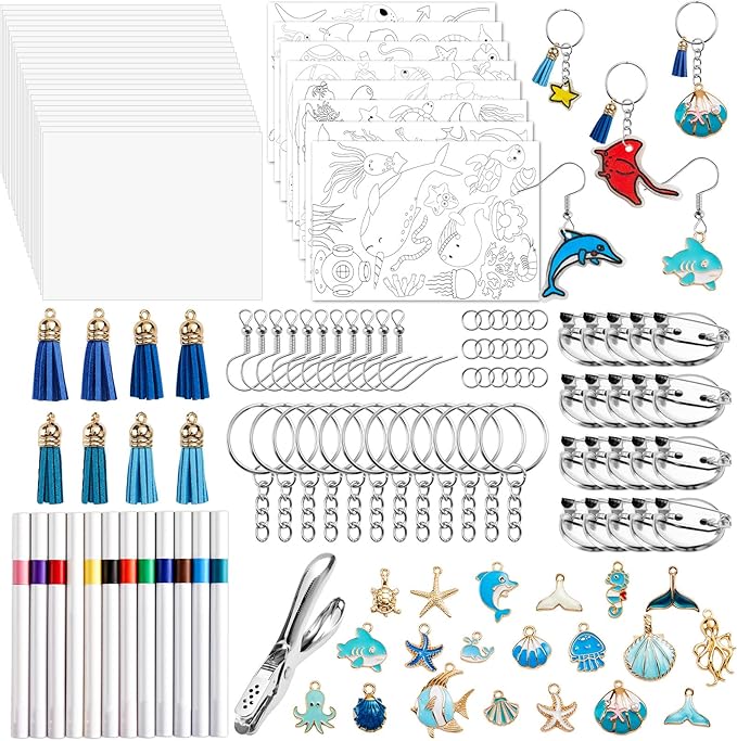 231Pcs Ocean Theme Heat Shrink Plastic Sheet Kit Includes Shrinking Film Art Paper, Hole Punch, Keychains, Ear Hooks, Jump Rings, Tassels, Valentines Day DIY Heat Shrink Art Kit Creative Craft Marking