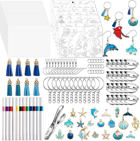 231Pcs Ocean Theme Heat Shrink Plastic Sheet Kit Includes Shrinking Film Art Paper, Hole Punch, Keychains, Ear Hooks, Jump Rings, Tassels, Valentines Day DIY Heat Shrink Art Kit Creative Craft Marking