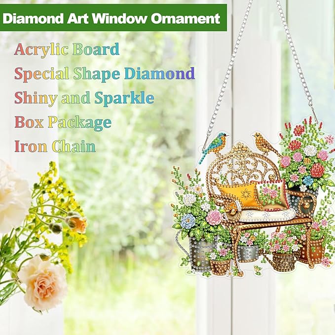 CEOVR Garden Birds Hanging Diamond Art for Adults, Spring Birds Flower Diamond Painting Pendant DIY Gem Art Wall Hanging Ornament, Acrylic Home Decor with Chain, Box Kit 7.75×7inch