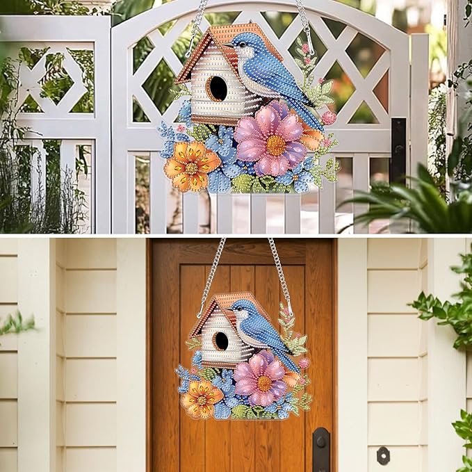 MXJSUA Birdhouse Flowers Special Shaped Hanging Diamond Painting Art Kits for Adults, Crystal Rhinestone Acrylic Gem Art Pendant Ornaments Kit for Home Decoration and Gift