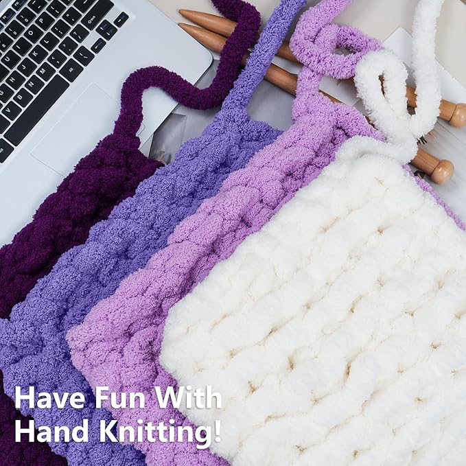 Chunky Yarn for Hand Knitting - #10 Chunky Chenille Yarn, Jumbo Big Thick Chunky Yarns for Crocheting, Super Bulky Chunky Knit Blanket Yarns, 8 Skein (25yd, 8oz/Skein), Cream & Multi Purple