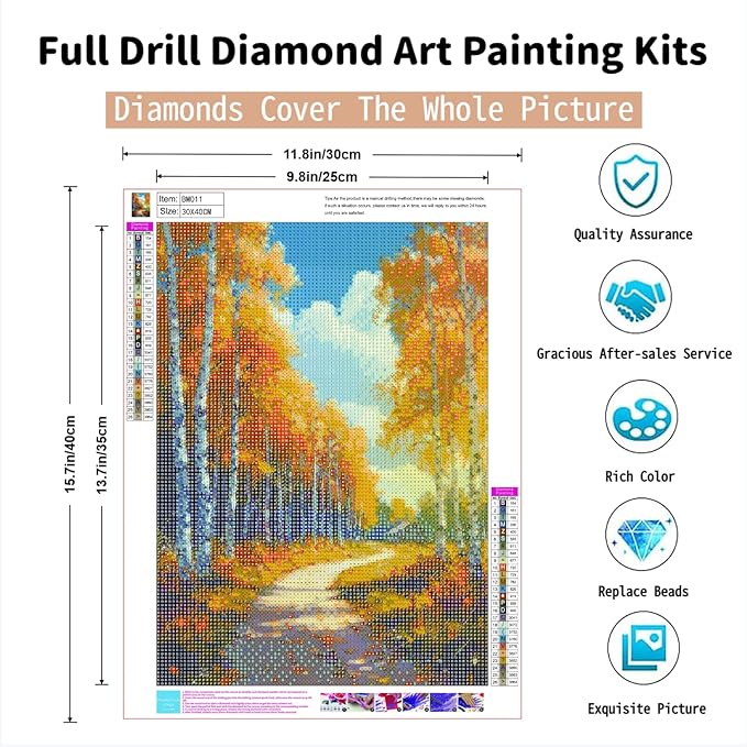 PINFFSHU Autumn Scenery Diamond Painting Kits for Adults 5D Sparkling Birch Forest Path Artwork Diamond Art Kits for Adults Full Drill Diamond Art Painting Kits Gem Art Kits for Wall Decor 12x16 Inch