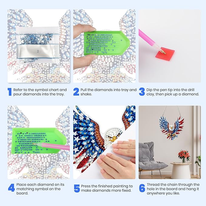 MXJSUA American Flag Eagle Diamond Painting Art Window Suncatchers, Diamond Art Kits for Adults Hanging Ornaments with Chain, 5D Special Shape Crystal Diamond Pendant Accessories for Decor Gift