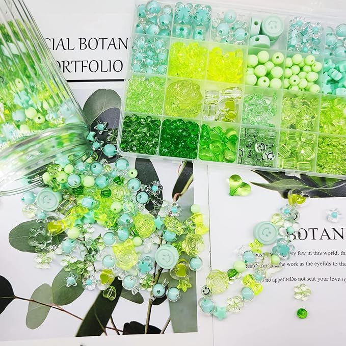 450pcs Acrylic Green Assorted Beads: Flower, Heart, Star, Butterfly, Smile Face, Mickey, Pastel; Bulk for Bracelets, Jewelry Making, Phone Charm Crafts