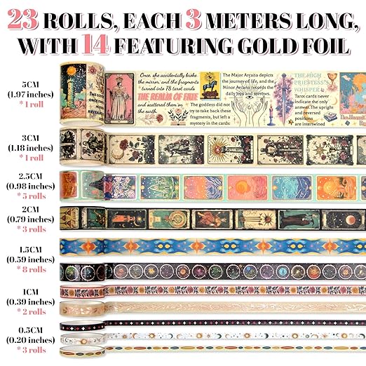 Gold Foil Washi Tape Set – 23 Rolls Tarot Washi Stickers Vintage Decorative Tapes for Journaling Supplies, Scrapbooking, DIY Crafts, Junk Journal, Craft Supplies(Celestial Symbols/ Starry/ Magic)