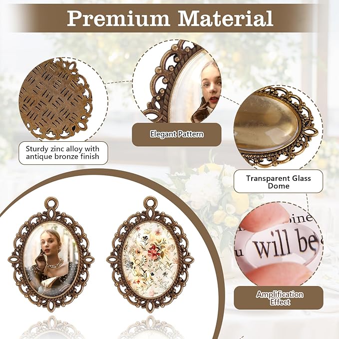 100 Pcs Bezel Pendant Blanks Settings, 50 Oval Pendant Trays Photo Charms with 50 Clear Glass Cabochon for Jewelry Making, DIY Blank Bezels Trays Kit for Crafts, 25x18mm (Antique Bronze)
