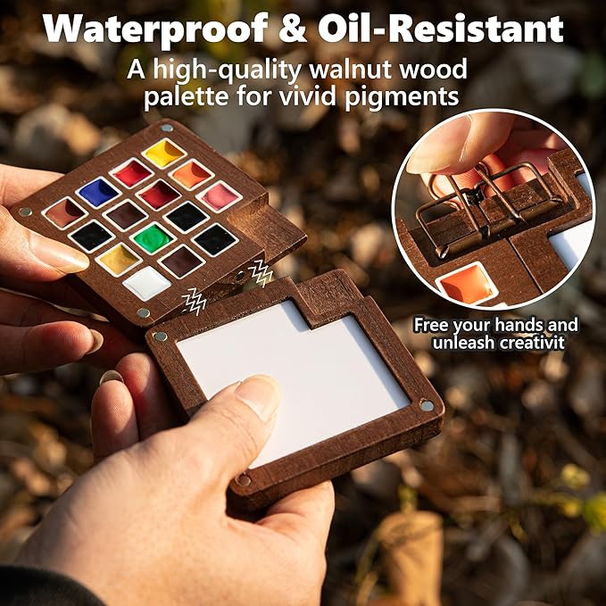 Mini Paint Palette Travel Kit - 15-Colors Pocket Artist Water Color Travel Set with Crossbody Bag, Watercolor Journal, Metal Clip, Paint Water Cup, Water Brush, Wooden Paint Box for Painters Artists