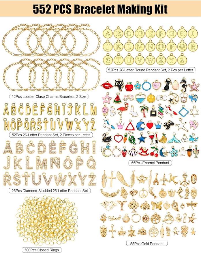 ZMLTLMG 552Pcs Gold Charm Bracelet Making Kit, Premium Paperclip Chain Jewelry Making Supplies with Enamel Charms, Letter Beads & Jump Rings, DIY Crafts Gift Set for Women Girls Adults