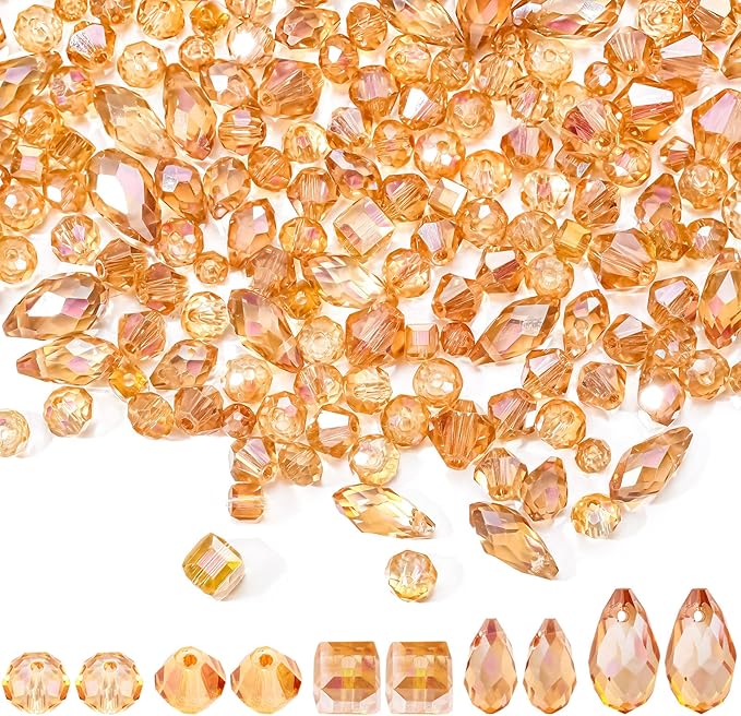 Kigeli 1280 Pcs Glass Beads Bulk Assorted Crystal Beads for Jewelry Making Faceted Teardrop Rondelle Briolette for DIY Crafts Necklace Wristband Earring Kit(Classic,Champagne Gold)