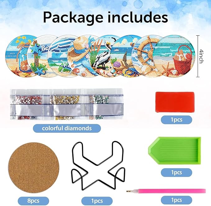8 Pcs Beach Diamond Art Coasters Kit with Holder, DIY Beach Diamond Painting Coasters for Beginners Adults, Non Slip Diamond Art Kits Craft Supplies 4x4inch