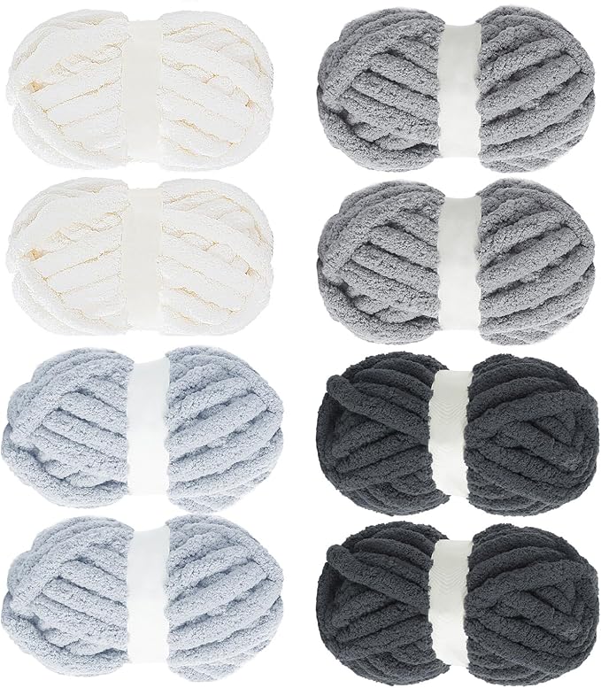 MABOZOO Assorted Chunky Yarn for Crocheting 8 Pack,Fluffy Jumbo Chenille Yarn,Soft Plush Yarn Bulky,Giant Thick Fuzzy Yarn for Hand or Arm Knitting,Cream & Multi Grey(31.7 yds,8 oz Each Skein)
