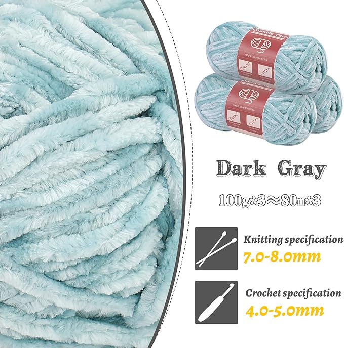 LUNARM Chenille Yarn for Crocheting Knitting, 3 Skein 263 Yard Thick Soft Chunky Fluffy Weaving Plush Yarn for Blankets Clothes Pattern Creations with Big Eye Needles (Light Green)