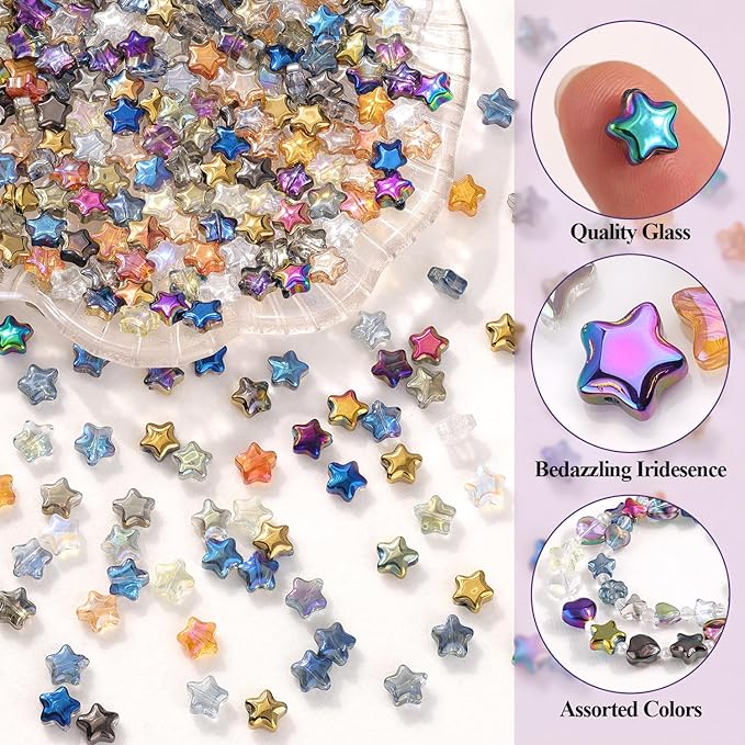 200PCS 8MM Glass Star Beads Bedazzling Irisedent Glass Beads,Crystal Star Beads, Eletroplated Mixed Colors Cute Bead for Necklace Bracelet Earring Jewelry Making, Spacer Beads Bulk for Crafting & DIY