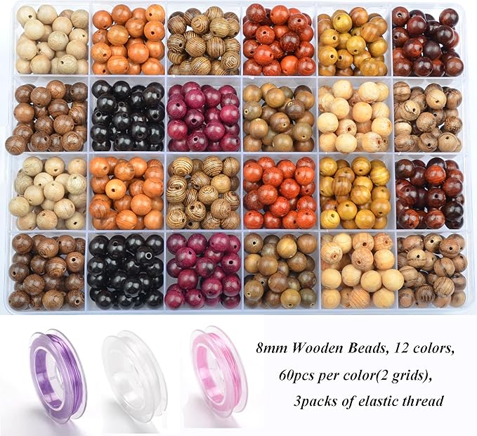 8mm Natural Mixed Wooden Round Loose Beads Jewelry Making KIT with Thread and Needles 720 PCS(12 Wooden, 8mm)