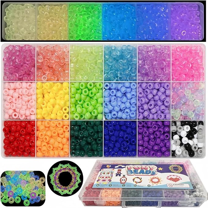 2400Pcs Glow in The Dark Pony Beads Bulk,20 Colors Rainbow Kandi Bead for Hair Braiding Friendship Bracelet Making Kandi Jewelry Key Chains DIY Crafts Chirstmas Gifts (2400PCS(20Color))