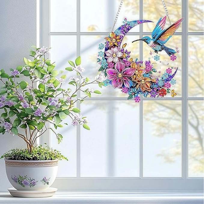QENSPE Hummingbird Diamond Art Hanging Kits for Adults, 5D Moon & Flowers Special Shape Diamond Paingting Ornaments with Chain, DIY Crystal Window Pendants for Home Wall Decor Double Sided 8X8 inch