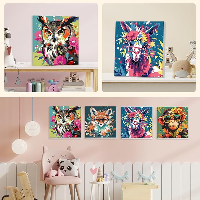 4 Pack Paint by Numbers Kit for Kids Beginner with Wooden Frame, Fantasy Owl, Fox, Llama, Monkey, Paint by Numbers Kit for Adults, Animal with Flowers, DIY Painting Kits for Home Wall Decor 8x8 inch