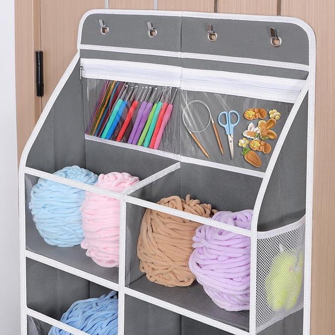 Univivi 6 Tiers Hanging Yarn Storage Organizer, Large Knitting Organizer with 12 Deep Clear Pockets & 10 Mesh Side Pockets, Over The Door Yarn Holder for Crochet Hooks, Knitting Needles, Grey
