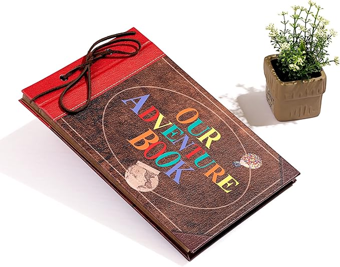 Scrapbook Photo Album,Our Adventure Scrap Book, Embossed Words Hard Cover Movie Up Travel Book for Anniversary, Wedding, Travelling, Baby Shower, etc (Leather Adventure Book)