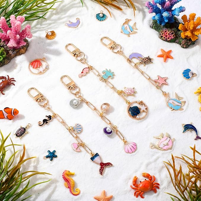 Tondiamo 266 Pieces Ocean Keychain Making Kit Seashell Summer Beach DIY Charm Jewelry Chain Making Crafts with 120 Charms 20 Keychain Clip 120 Jump Rings 25 Extender Chain Plier for Women Gift