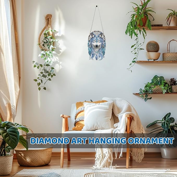MEIYUDA Wolf Diamond Art Hanging Kits for Adult, Wolf Dreamcatcher Diamond Painting Hanging Kits Ornaments, DIY Special Shaped Rhinestone Window Pendants Kit for Home Garden Wall Decor Gift