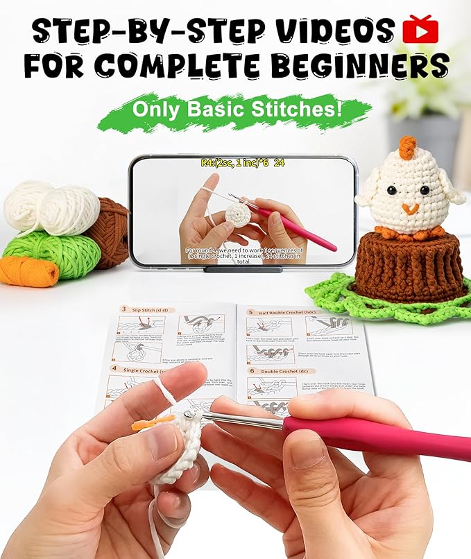 Totiro Crochet Kit for Beginners, Chicken Amigurumi Starter Kit, Easy DIY Craft Set with Step-by-Step Video Tutorials, Coaster Crochet Pattern Learning Kit for Teens Adults Birthday Gift