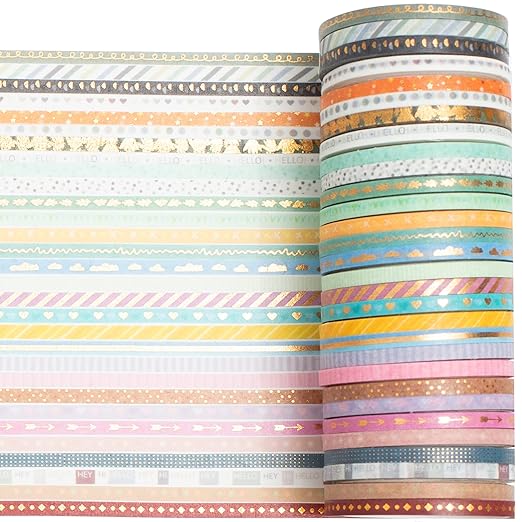 YUBBAEX 60 Rolls Skinny Washi Tape Set Gold Foil Masking Thin Basic Patterns Decorative Tapes for Arts, DIY Crafts, Journals, Planners, Scrapbook, Wrapping