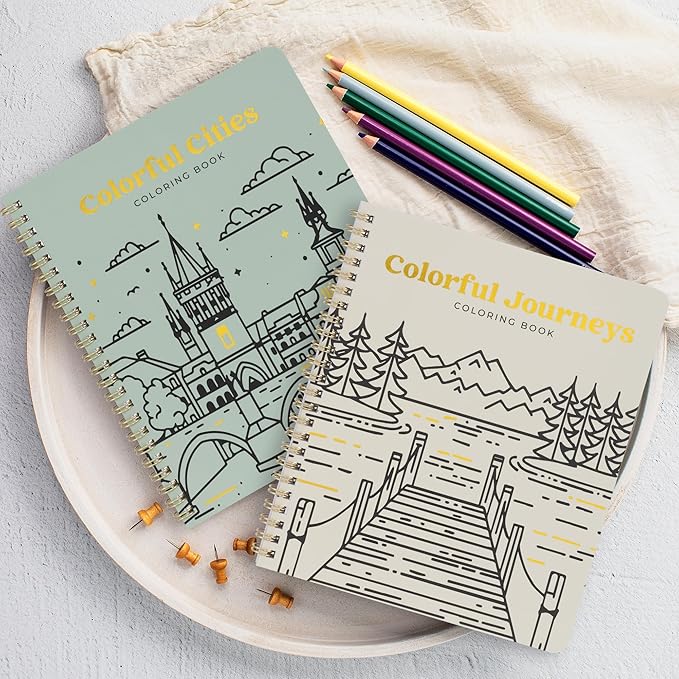 Beautiful Adult Coloring Book Set of 2 for Relaxation - Inspirational Adventures and Landmarks Scenery for the Spirit of Wanderlust - Perfect Stress-Relieving Gift for Women (Journeys & Cities, 2)